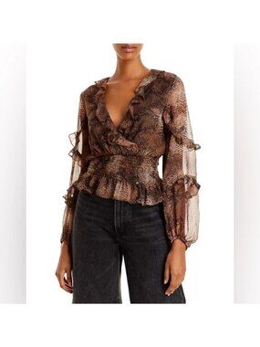 Bardot Snake Print Sheer Long Sleeve Top S Smocked Waist Ruffles Brown (ii711)